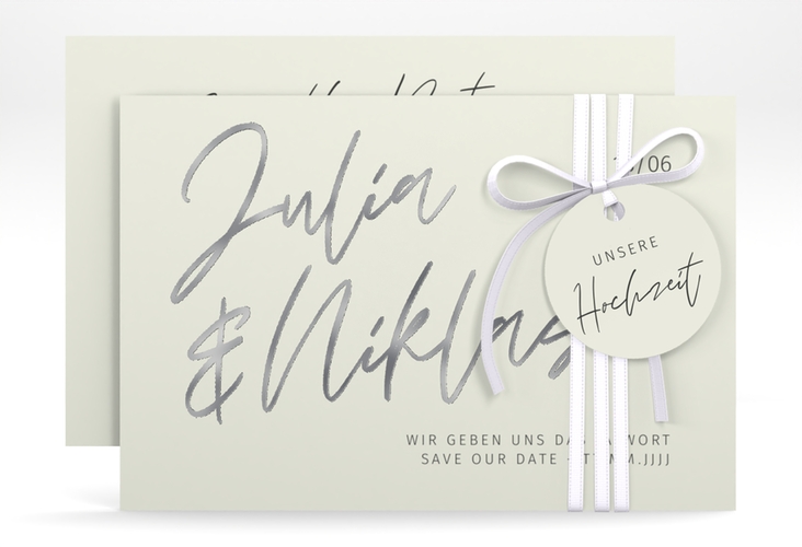 Save the Date-Karte Einfachheit A6 Karte quer silber mit modernem Schriftzug