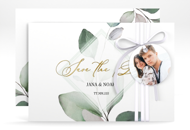 Save the Date-Karte Foglia A6 Karte quer gold edel mit Eukalyptus im Aquarell-Design