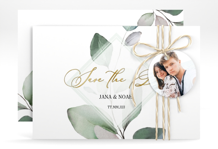 Save the Date-Karte Foglia A6 Karte quer gold edel mit Eukalyptus im Aquarell-Design