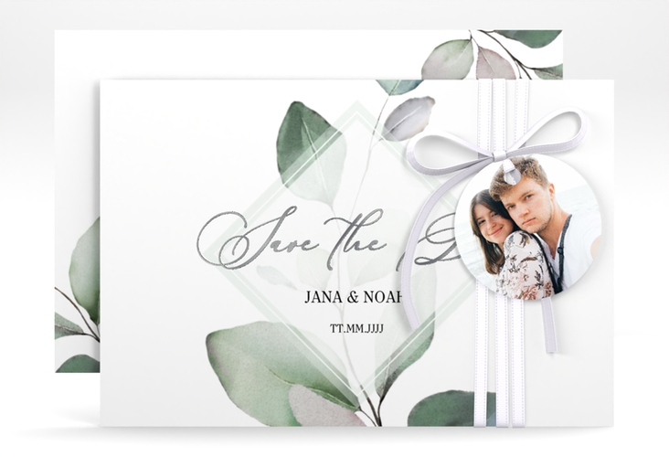 Save the Date-Karte Foglia A6 Karte quer silber edel mit Eukalyptus im Aquarell-Design
