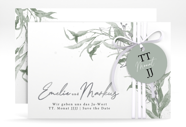 Save the Date-Karte Eucalyptus Green A6 Karte quer silber