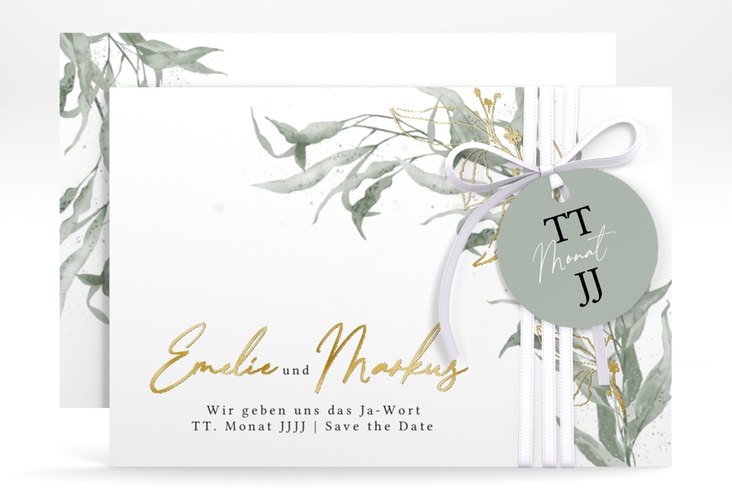 Save the Date-Karte Eucalyptus Green A6 Karte quer gold
