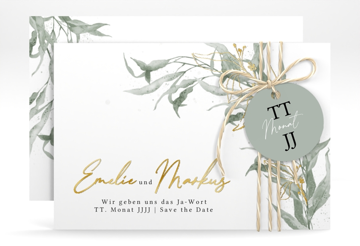 Save the Date-Karte Eucalyptus Green A6 Karte quer gold