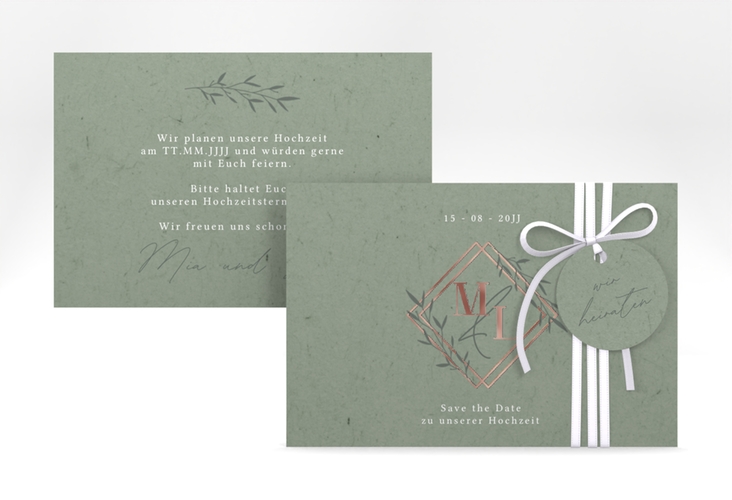 Save the Date-Karte Greenletter A6 Karte quer rosegold mit Initialen in elegantem Goldrahmen mit Blättern