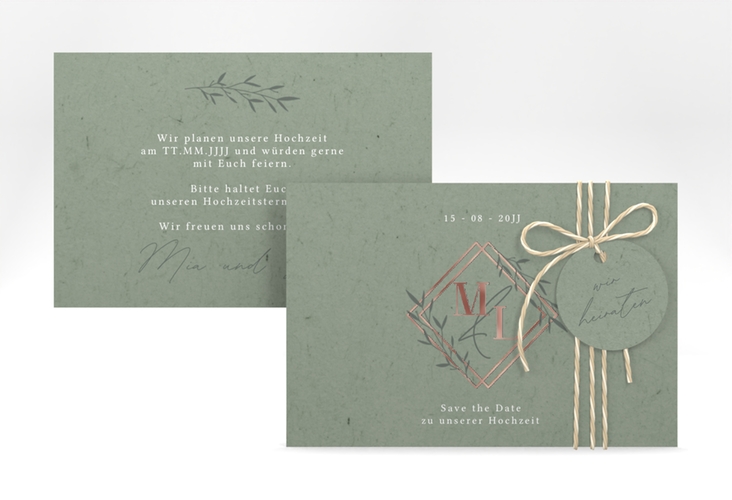Save the Date-Karte Greenletter A6 Karte quer rosegold mit Initialen in elegantem Goldrahmen mit Blättern
