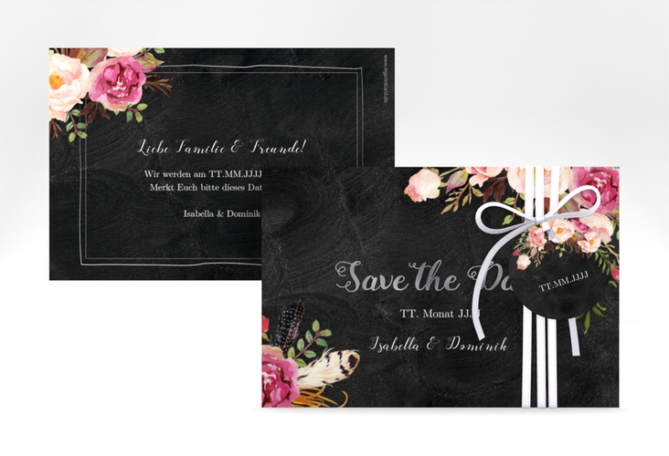 Save the Date-Karte Flowers A6 Karte quer silber mit bunten Aquarell-Blumen