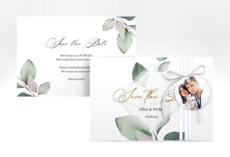 Save the Date-Karte Foglia A6 Karte quer gold edel mit Eukalyptus im Aquarell-Design