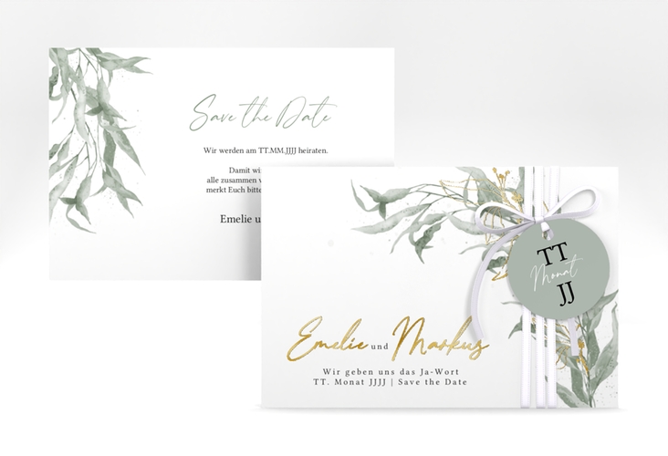 Save the Date-Karte Eucalyptus Green A6 Karte quer gold