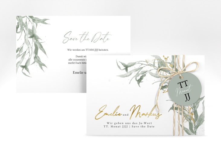 Save the Date-Karte Eucalyptus Green A6 Karte quer gold