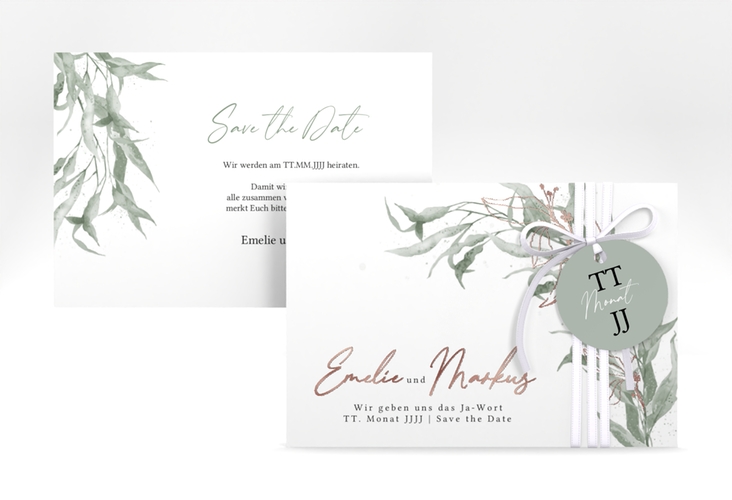 Save the Date-Karte Eucalyptus Green A6 Karte quer rosegold