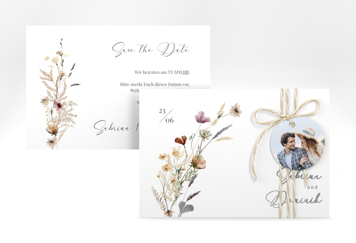 Save the Date-Karte Sauvages A6 Karte quer silber mit getrockneten Wiesenblumen