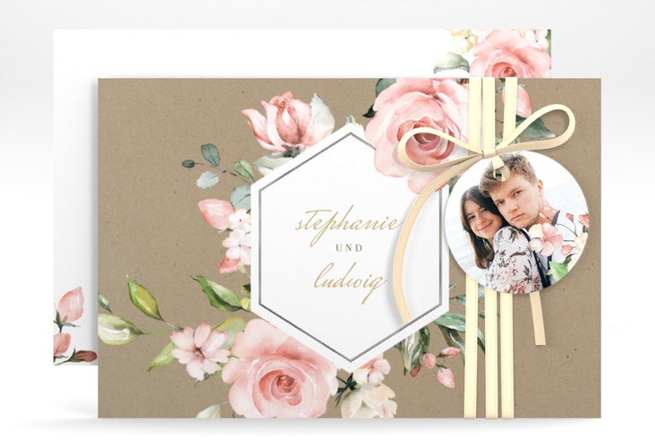 Save the Date-Karte Graceful A6 Karte quer silber mit Rosenblüten in Rosa und Weiß