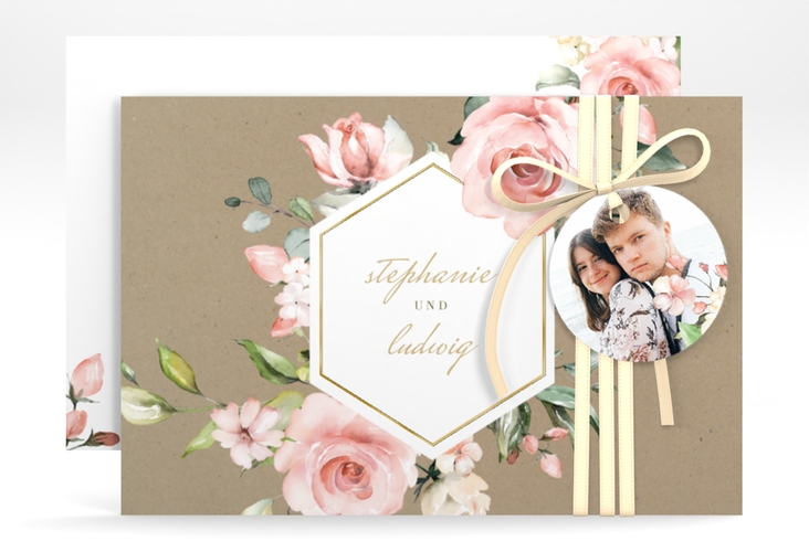 Save the Date-Karte Graceful A6 Karte quer gold mit Rosenblüten in Rosa und Weiß