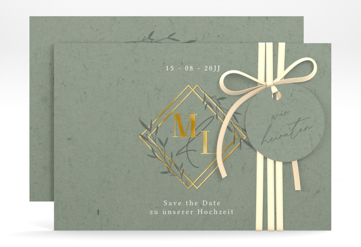 Save the Date-Karte Greenletter A6 Karte quer gold mit Initialen in elegantem Goldrahmen mit Blättern