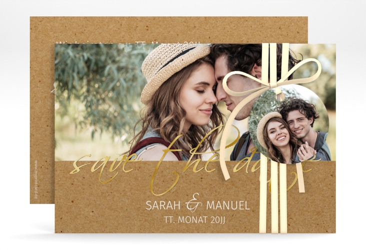 Save the Date-Karte Big Picture A6 Karte quer gold mit Foto des Brautpaars