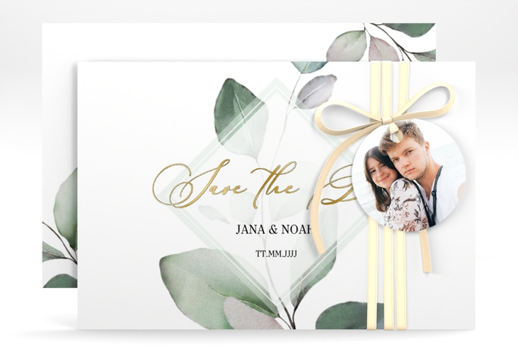 Save the Date-Karte Foglia A6 Karte quer gold edel mit Eukalyptus im Aquarell-Design