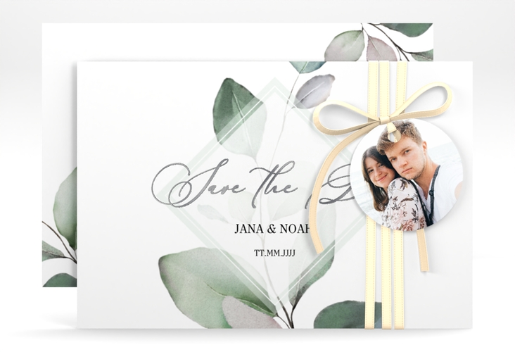 Save the Date-Karte Foglia A6 Karte quer silber edel mit Eukalyptus im Aquarell-Design