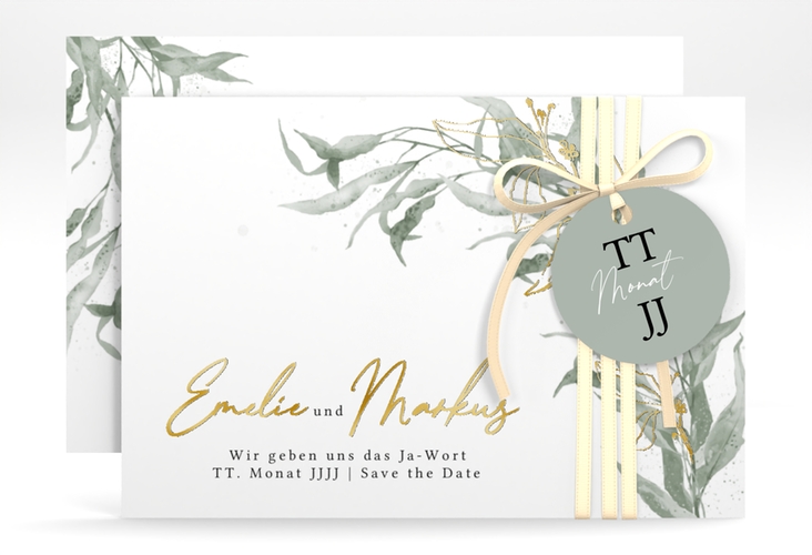 Save the Date-Karte Eucalyptus Green A6 Karte quer gold