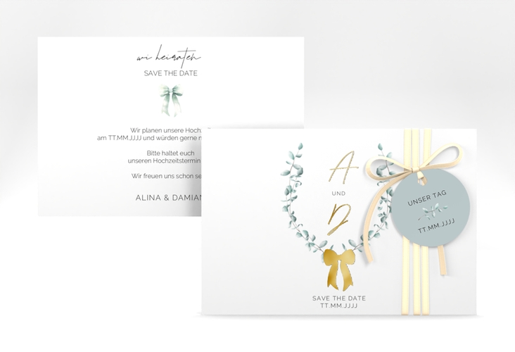 Save the Date-Karte Eucalypt Bow A6 Karte quer gold