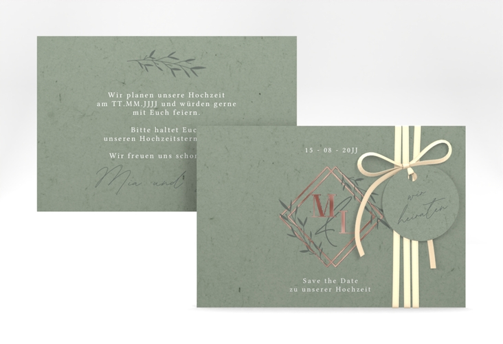 Save the Date-Karte Greenletter A6 Karte quer rosegold mit Initialen in elegantem Goldrahmen mit Blättern