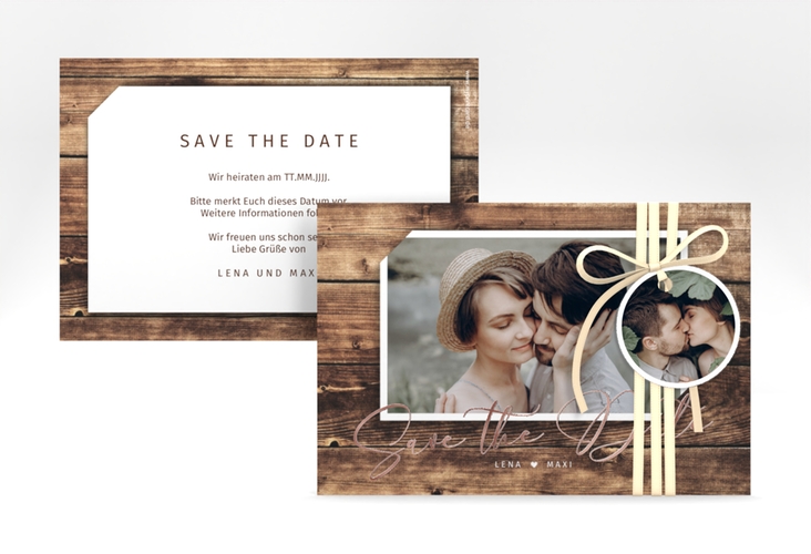 Save the Date-Karte Rustic A6 Karte quer rosegold in Holz-Optik mit Foto