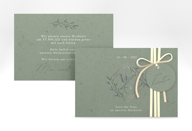 Save the Date-Karte Greenletter A6 Karte quer silber mit Initialen in elegantem Goldrahmen mit Blättern