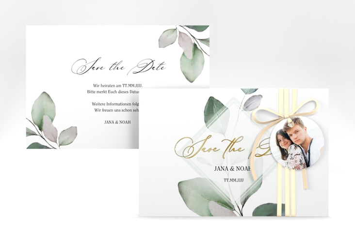 Save the Date-Karte Foglia A6 Karte quer gold edel mit Eukalyptus im Aquarell-Design