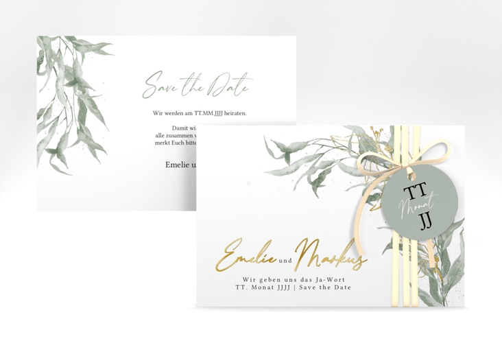 Save the Date-Karte Eucalyptus Green A6 Karte quer gold