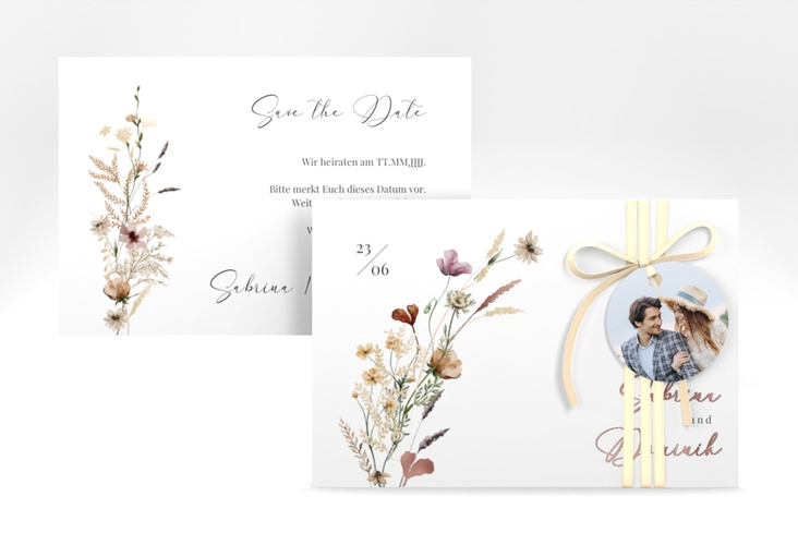 Save the Date-Karte Sauvages A6 Karte quer rosegold mit getrockneten Wiesenblumen