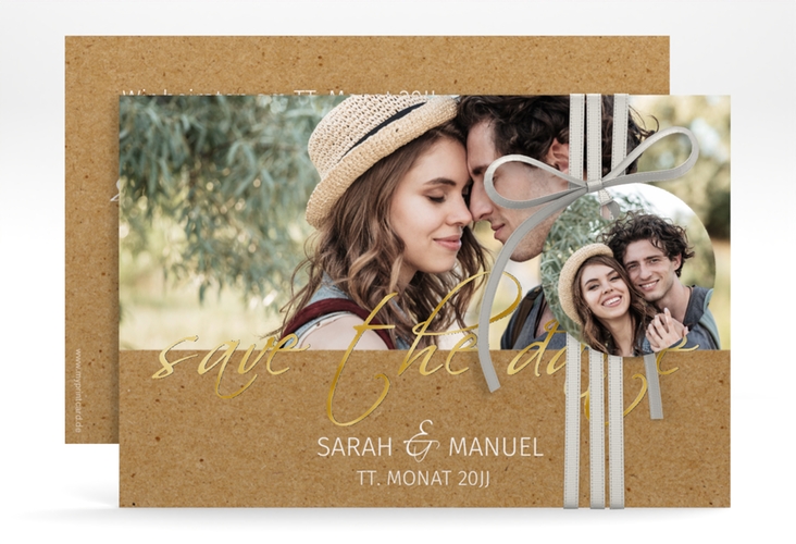 Save the Date-Karte Big Picture A6 Karte quer gold mit Foto des Brautpaars