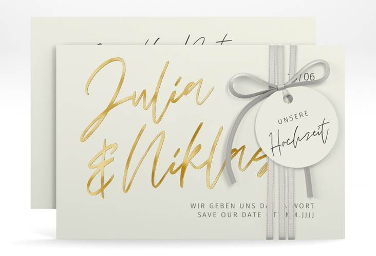 Save the Date-Karte Einfachheit A6 Karte quer gold mit modernem Schriftzug