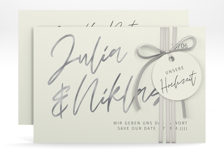 Save the Date-Karte Einfachheit A6 Karte quer silber mit modernem Schriftzug
