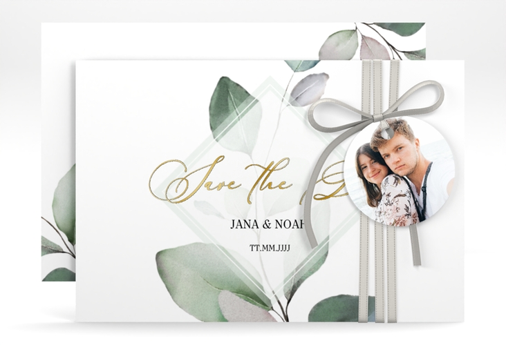 Save the Date-Karte Foglia A6 Karte quer gold edel mit Eukalyptus im Aquarell-Design