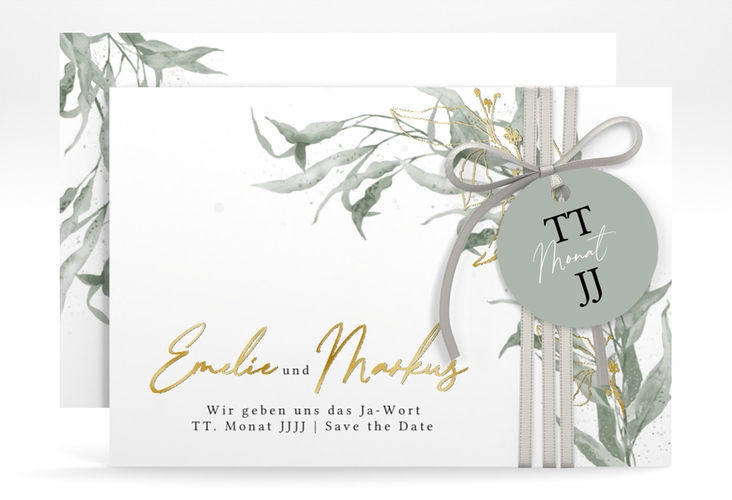 Save the Date-Karte Eucalyptus Green A6 Karte quer gold