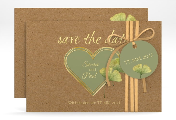 Save the Date-Karte Ginko A6 Karte quer gold mit Herz und zwei Ginkgo-Blättern