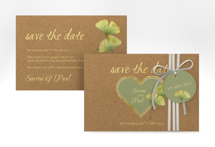 Save the Date-Karte Ginko A6 Karte quer gold mit Herz und zwei Ginkgo-Blättern