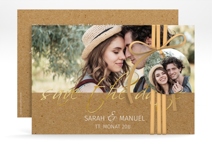 Save the Date-Karte Big Picture A6 Karte quer gold mit Foto des Brautpaars