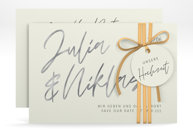 Save the Date-Karte Einfachheit A6 Karte quer silber mit modernem Schriftzug