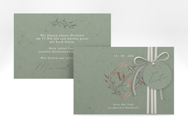 Save the Date-Karte Greenletter A6 Karte quer rosegold mit Initialen in elegantem Goldrahmen mit Blättern