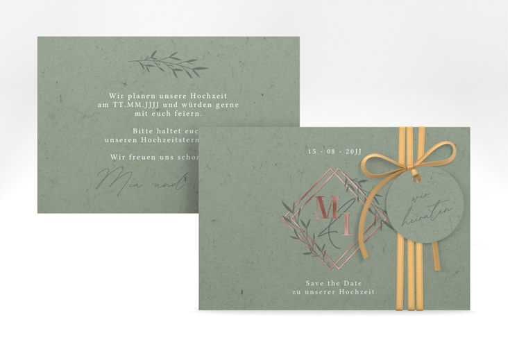 Save the Date-Karte Greenletter A6 Karte quer rosegold mit Initialen in elegantem Goldrahmen mit Blättern