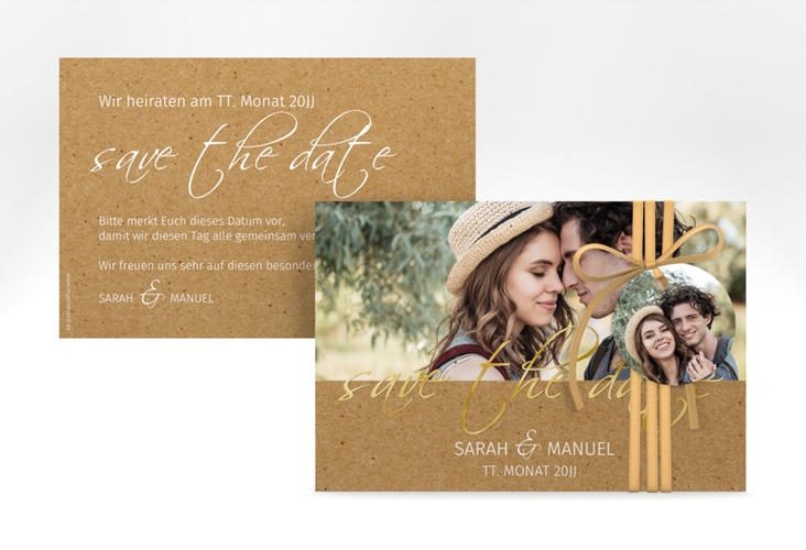 Save the Date-Karte Big Picture A6 Karte quer gold mit Foto des Brautpaars