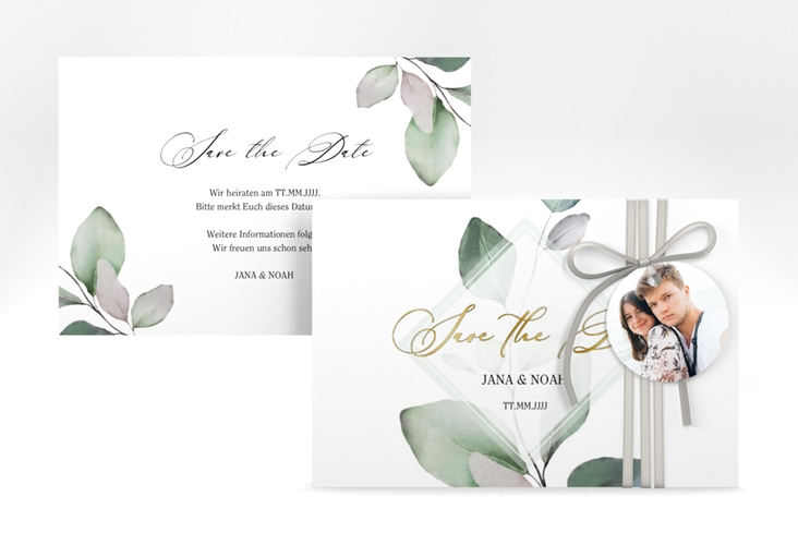 Save the Date-Karte Foglia A6 Karte quer gold edel mit Eukalyptus im Aquarell-Design