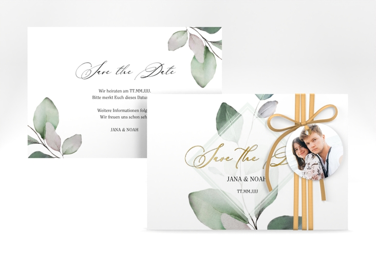 Save the Date-Karte Foglia A6 Karte quer gold edel mit Eukalyptus im Aquarell-Design