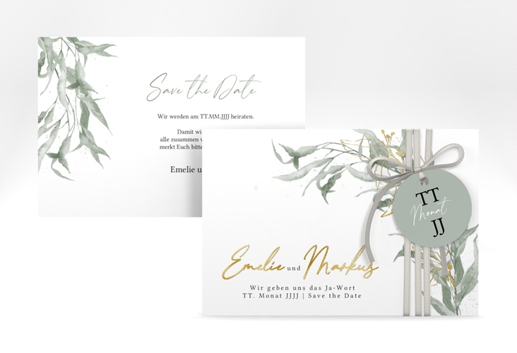 Save the Date-Karte Eucalyptus Green A6 Karte quer gold
