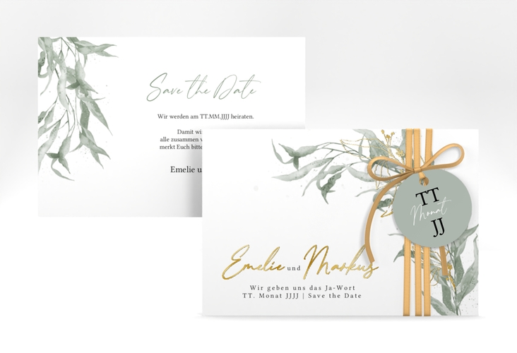 Save the Date-Karte Eucalyptus Green A6 Karte quer gold