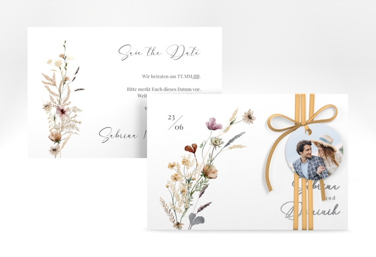 Save the Date-Karte Sauvages A6 Karte quer silber mit getrockneten Wiesenblumen