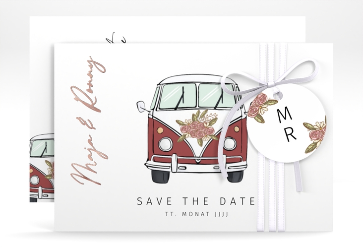 Save the Date-Karte Hochzeitsbulli A6 Karte quer rot rosegold