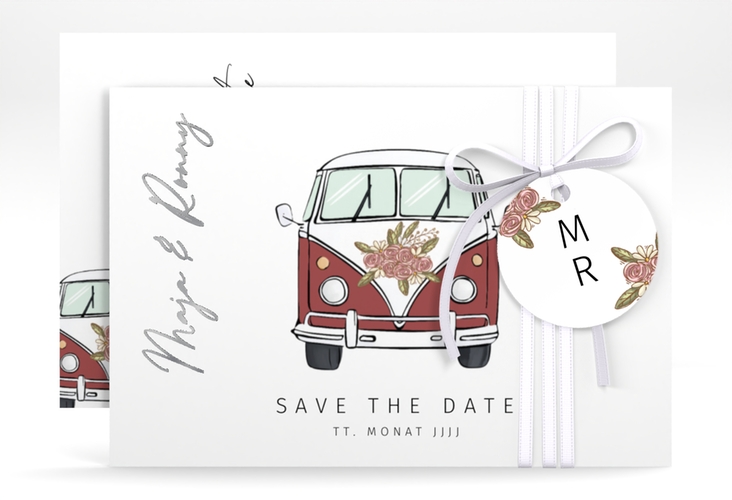 Save the Date-Karte Hochzeitsbulli A6 Karte quer rot silber