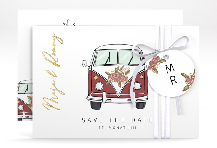 Save the Date-Karte Hochzeitsbulli A6 Karte quer rot gold