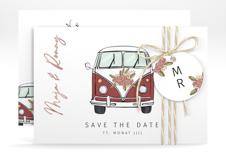 Save the Date-Karte Hochzeitsbulli A6 Karte quer rot rosegold